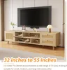 A light wood TV cabinet with rattan accents is shown in a living room setting, with a large TV mounted above it. Produktbild-Vorschau