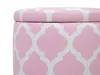A close-up view of the top portion of a round ottoman with a pink and white geometric pattern. Produktbild-Vorschau
