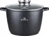 A black speckled cooking pot with a glass lid and silver handles and rim, shown from the front. Produktbild-Vorschau