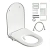 A white toilet seat with a bidet function and its accessories are displayed on a white background. Produktbild-Vorschau
