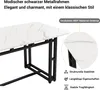 A close-up view of a table with a marble-like top and black metal legs, along with descriptive text and icons highlighting its features. Produktbild-Vorschau