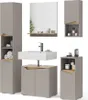 A set of modern bathroom furniture, including a tall cabinet, a sink with vanity, a wall cabinet, and a corner cabinet, arranged against a white background. Produktbild-Vorschau