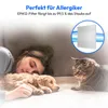 A woman sleeping on a couch with a puppy and a cat nearby, with an illustration of an air filter in the background. Produktbild-Vorschau