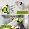 A collage showing a laser level in use for hanging pictures and in a staircase setting, with text overlays explaining features. Produktbild-Vorschau