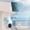 A security camera with a solar panel mounted on a wall, with text overlays describing its features. Produktbild-Vorschau