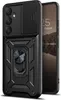 A black protective phone case with a ring holder and a sliding camera cover is shown next to a smartphone. Produktbild-Vorschau