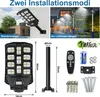 A collage of images showing different aspects of a solar LED light, including installation options, product dimensions, and included accessories. Voir les images du produit