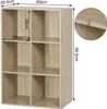A diagram showing the dimensions of a light oak colored cube shelf unit. Produktbild-Vorschau