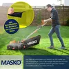 A man is mowing a lawn with a MASKO battery-powered lawnmower. There is a close-up inset showing a mulching function. Produktbild-Vorschau