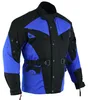 Cordura-Herren-Motorradjacke in Blau, Vorder- und Seitenansicht. Mit Protektoren für Arme, Brust, Schultern, Ellbogen und Rücken. Verstellbare Ellbogen mit zweistufigem Druckknopfsystem. Ärmel können leicht für Handschuhe geöffnet werden. Produktbild-Vorschau
