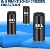 Three black trash cans of different sizes are displayed on blue platforms, with text indicating their sizes and weights. Produktbild-Vorschau