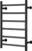 A black, wall-mounted, heated towel rack with six horizontal bars. Podgląd zdjęcia produktu