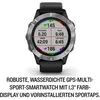 A close-up of a Garmin Fenix 6 multisport smartwatch displaying various fitness metrics on its screen, with descriptive text below. Produktbild-Vorschau