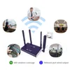 A collage of images showing a WiFi router in use in different settings, with icons and text explaining its features. Náhled obrázku produktu