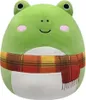 A plush toy frog wearing a scarf against a white background. Produktbild-Vorschau