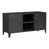 A product shot of a black metal TV stand with two doors and open shelving. Voir les images du produit