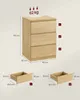 A diagram showing the dimensions and weight capacity of a wooden nightstand, with separate views of two different drawer sizes. Náhled obrázku produktu