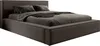 A modern upholstered bed with a headboard and frame, covered in dark brown bouclé fabric. It is dressed with dark gray bedding, including pillows and a throw blanket. Produktbild-Vorschau