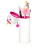 A unicorn-themed pencil case with pens and a fluffy pen inside, set against a white background. Produktbild-Vorschau