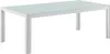 A white outdoor coffee table with a light blue glass top, shown from a slightly elevated side angle against a white background. Voir les images du produit
