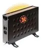 A black portable electric heater with a logo and yellow heat waves emanating from the top. Produktbild-Vorschau
