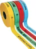 A roll of warning tape with different colored strips, each labeled with a warning message in German. Produktbild-Vorschau