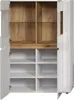 An open highboard cabinet with white exterior and wood-effect interior shelves. Produktbild-Vorschau