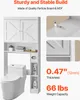A white bathroom storage cabinet is shown placed over a toilet, with close-up shots highlighting its construction and features. Voir les images du produit