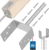 A collection of metal post anchors and screws, with a piece of wood showing how they connect. Podgląd zdjęcia produktu