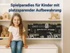 A young girl sitting on a shelf in a room with toys and storage boxes. Produktbild-Vorschau