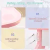 A collage of images highlighting features of a pink children's vanity table and stool set. Produktbild-Vorschau