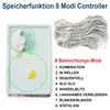 A product shot of a light controller and a bundle of LED string lights, with German text describing the product's features and modes. Voir les images du produit