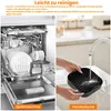 Split image showing a dishwasher interior on the left and a hand washing a black kitchen accessory under a faucet on the right. Produktbild-Vorschau