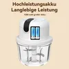 A white electric food chopper with two battery icons displayed on its top surface, set against a light beige background. Produktbild-Vorschau