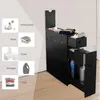 A black slim storage cabinet is shown in a room, with inset images and text suggesting its uses. Náhľad obrázku produktu