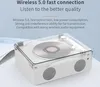 A white retro-style music player with a clear lid, showing a CD inside and two speakers on the front. Text overlays describe its features. Produktbild-Vorschau
