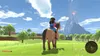A person riding a horse in a grassy field with a mountain in the background. Produktbild-Vorschau