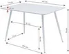 A diagram of a white table with dimensions indicated by arrows and text. Produktbild-Vorschau