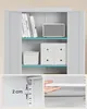 Collage showing a white metal storage cabinet with items on shelves and close-up views of shelf details. Náhled obrázku produktu