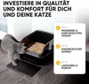 A cat is shown next to an open litter box with a mat in front of it. Text overlays describe features. Produktbild-Vorschau