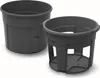 Two dark gray plastic potato planting pots are shown against a white background. One pot is in the foreground and is partially transparent, showing its internal structure. The other pot is in the background and is solid. Produktbild-Vorschau