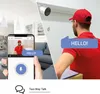 A split image showing a security camera system in use. On the left, a smartphone displays a live feed from a camera showing a delivery person. On the right, the delivery person is shown from behind, with a speech bubble indicating communication. Produktbild-Vorschau