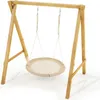 A wooden A-frame swing stand with a round, beige nest swing hanging from it. Produktbild-Vorschau