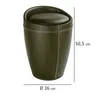 A brown leather-look stool with white stitching, shown with dimensions indicated. Produktbild-Vorschau