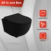 A black wall-mounted toilet is shown, with icons and text describing its features and included components. Produktbild-Vorschau