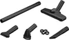A collection of black vacuum cleaner attachments arranged on a white background. Produktbild-Vorschau