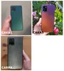 A collage of three images showing hands holding smartphones with carbon fiber style skins applied to the back. Produktbild-Vorschau