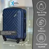 A blue suitcase is shown with various dimensions and features highlighted with text and icons. Produktbild-Vorschau