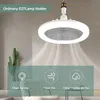 A white ceiling fan with integrated LED light, shown hanging from the ceiling. The image includes graphics illustrating different modes of operation. Podgląd zdjęcia produktu
