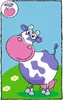 A cartoon cow with purple and white spots stands in a grassy field with a blue sky. Produktbild-Vorschau